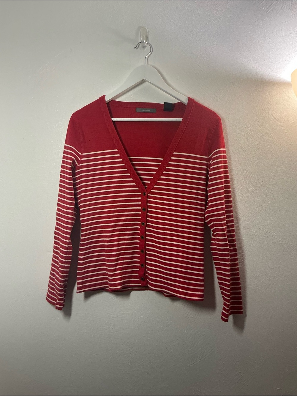 Liz Claiborne Red & White Striped V-Neck Button Long Sleeve Large